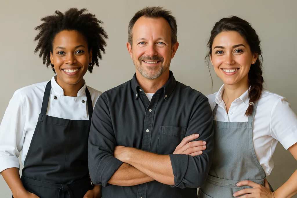 A diverse group of chefs wearing aprons and standing confidently as a team, showcasing their dedication to culinary excellence.