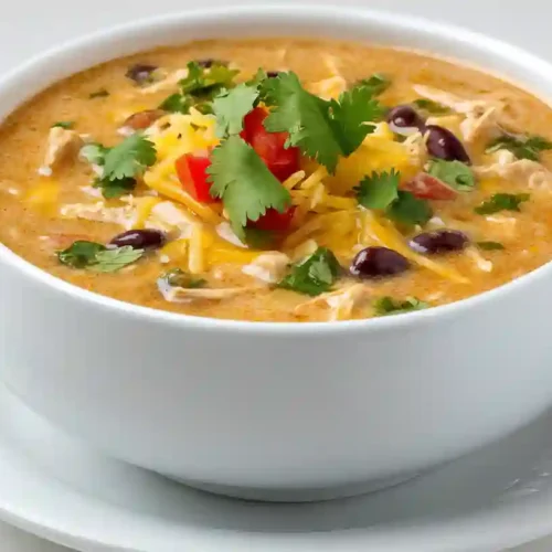 A white bowl filled with creamy chicken enchilada soup, topped with shredded cheese, diced tomatoes, black beans, and fresh cilantro.