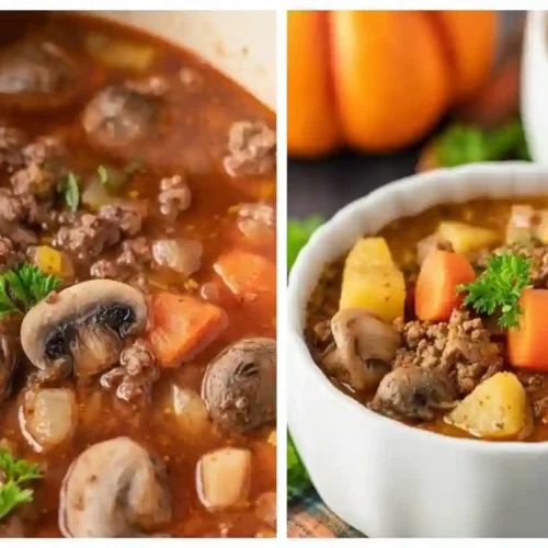Hearty brew stew in a cast-iron pot with beef, carrots, potatoes, and onions, simmering in rich broth with herbs.