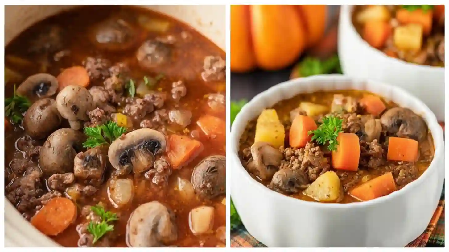 Hearty brew stew in a cast-iron pot with beef, carrots, potatoes, and onions, simmering in rich broth with herbs.