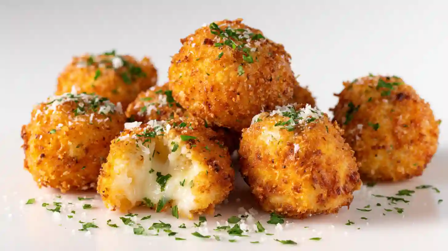 Golden-brown Cheesy Parmesan Mozzarella Bites, arranged in a row on a baking sheet, with a crispy Parmesan crust and a gooey mozzarella inside—perfect for parties and appetizers.