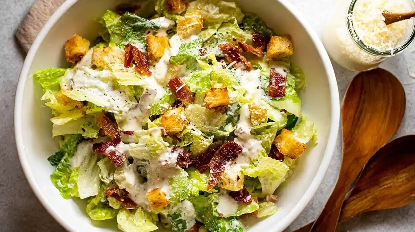 Salade Caesar au poulet grillé, laitue croquante, croûtons et parmesan, nappée de sauce crémeuse.