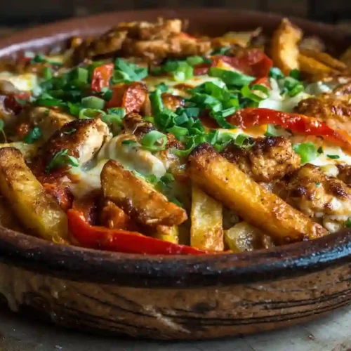 A colorful casserole dish filled with tender chicken, sliced bell peppers, onions, and melted cheese, showcasing the vibrant flavors of chicken fajitas baked in a comforting, cheesy bake.