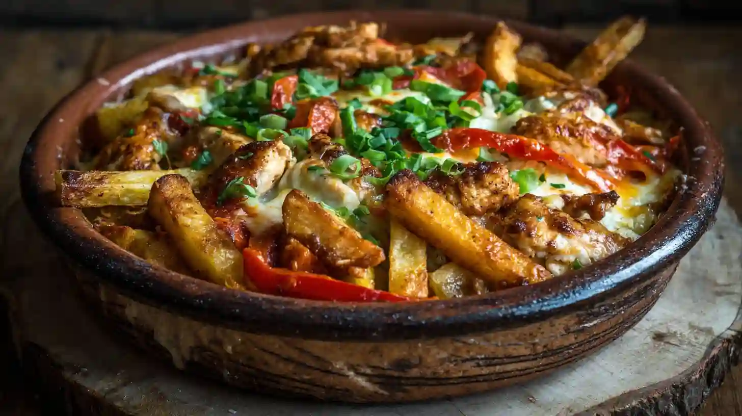 A colorful casserole dish filled with tender chicken, sliced bell peppers, onions, and melted cheese, showcasing the vibrant flavors of chicken fajitas baked in a comforting, cheesy bake.