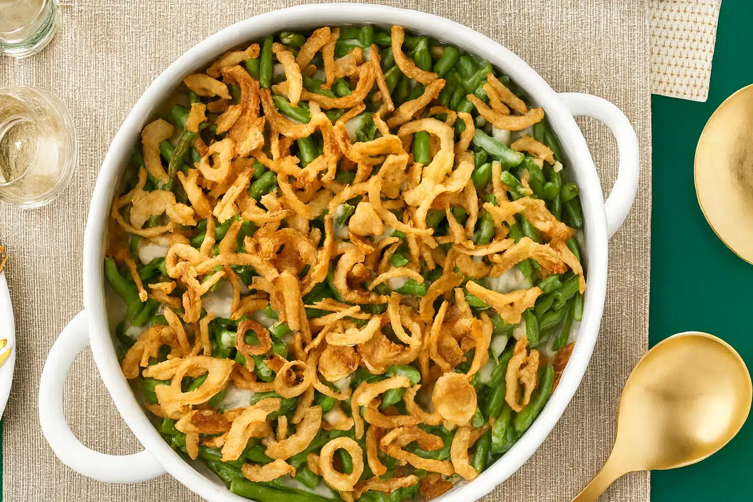 Classic green bean casserole topped with crispy fried onions in a white baking dish — creamy, crunchy, and easy Thanksgiving side dish.
