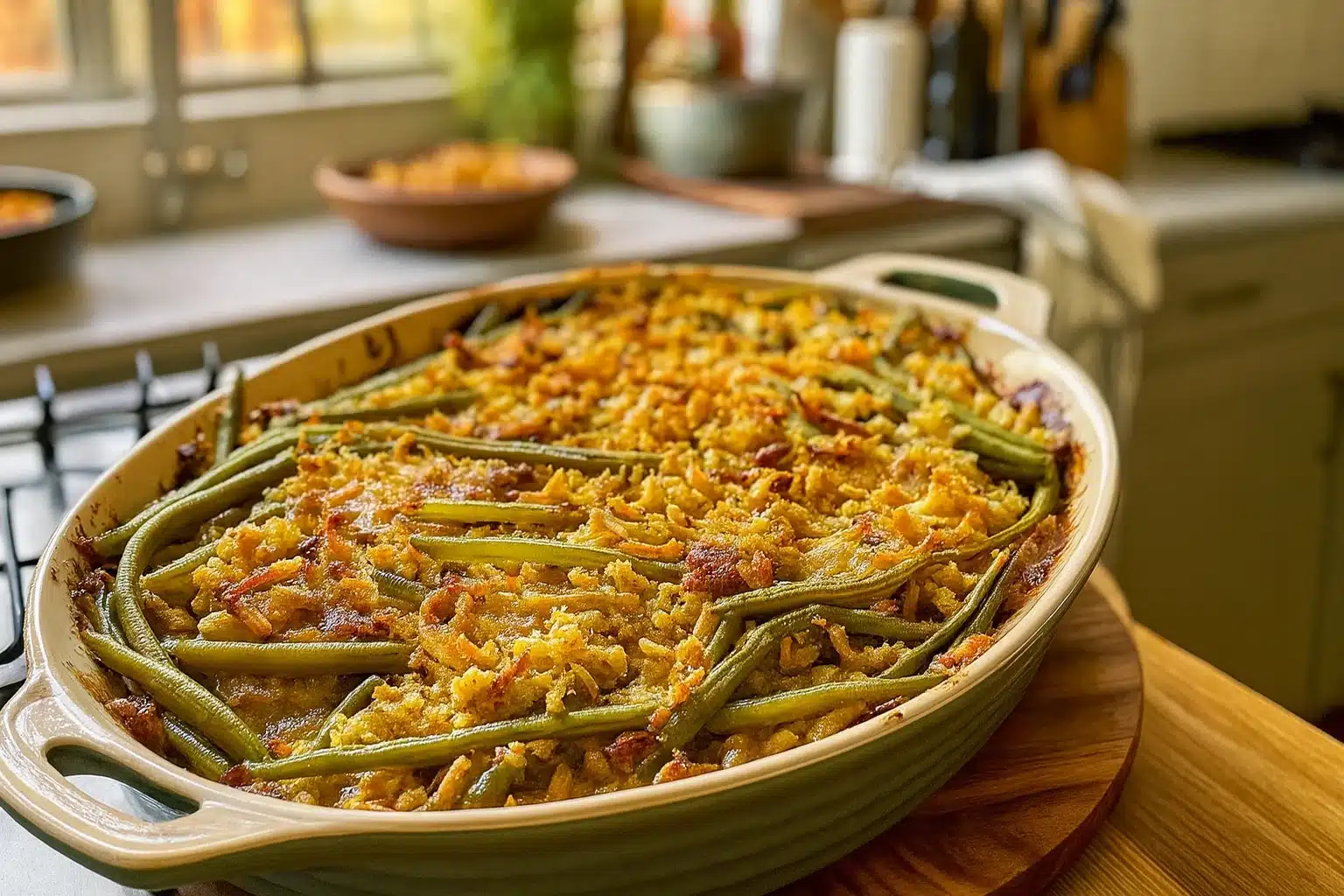 Homemade green bean casserole with crispy onion topping baked in a ceramic dish — classic Thanksgiving side dish, golden and creamy comfort food.