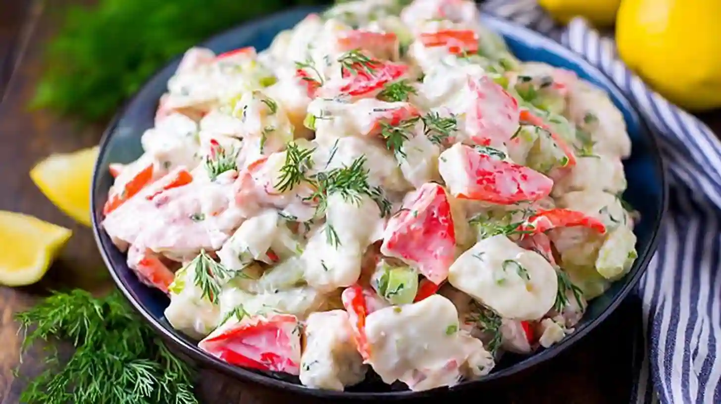 Crab salad in a bowl with fresh celery, red onion, parsley, and lemon, served with crackers and lime on a dark surface.