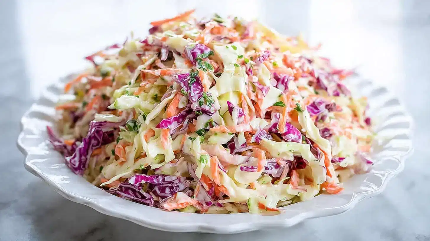 Colorful creamy coleslaw with green and purple cabbage, carrots, and fresh parsley served on a white plate.