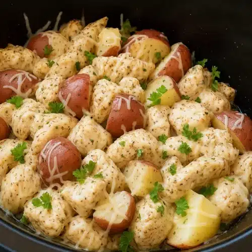Poulet crémeux à l’ail et au parmesan avec pommes de terre rouges, cuit au slow cooker et garni de fromage fondu et de persil frais