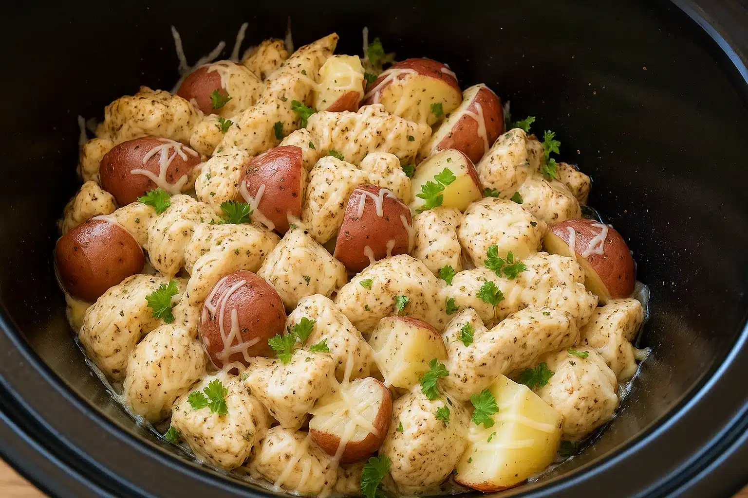 Poulet crémeux à l’ail et au parmesan avec pommes de terre rouges, cuit au slow cooker et garni de fromage fondu et de persil frais