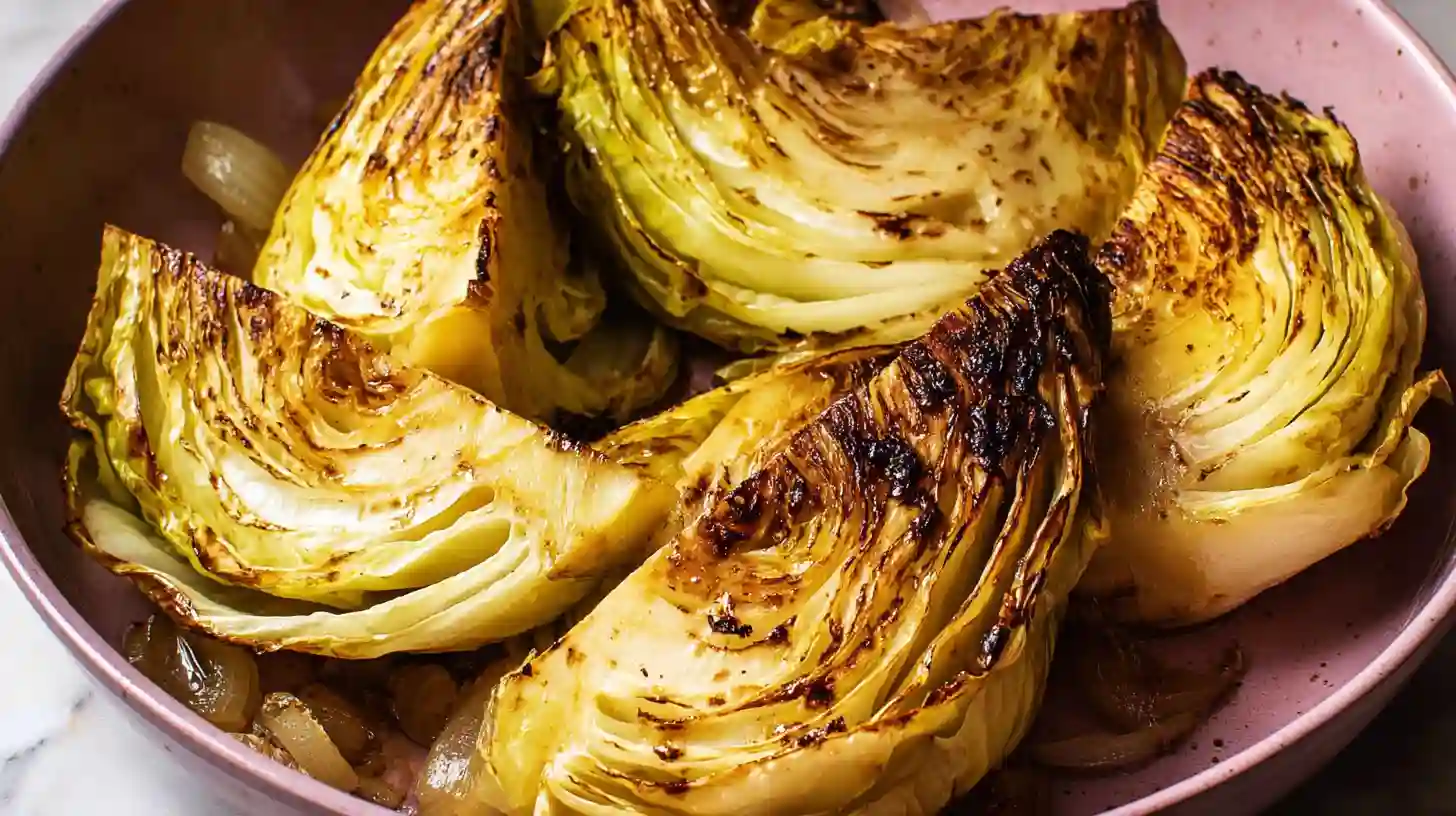 Golden roasted cabbage wedges with crispy edges, seasoned with herbs and garlic, on a white baking tray.
