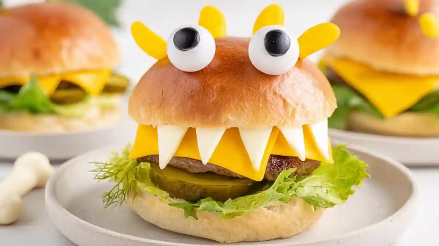 Monster burgers with black buns, cheese, lettuce, tomato, and spooky eyes made from peppers or onions, served on a Halloween-themed plate.