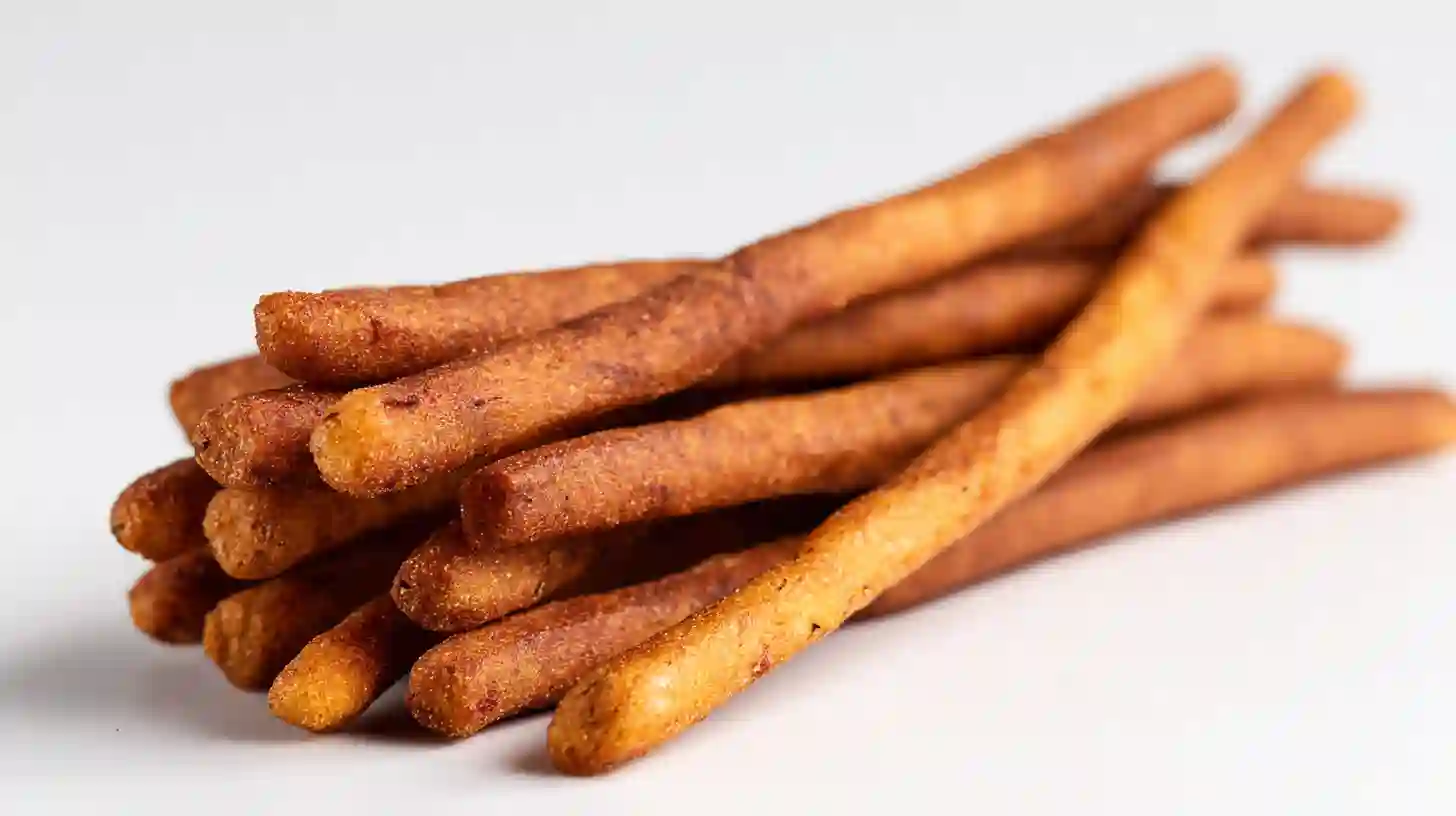 A stack of crispy golden potato finger sticks on a white background, perfect for dipping or snacking.