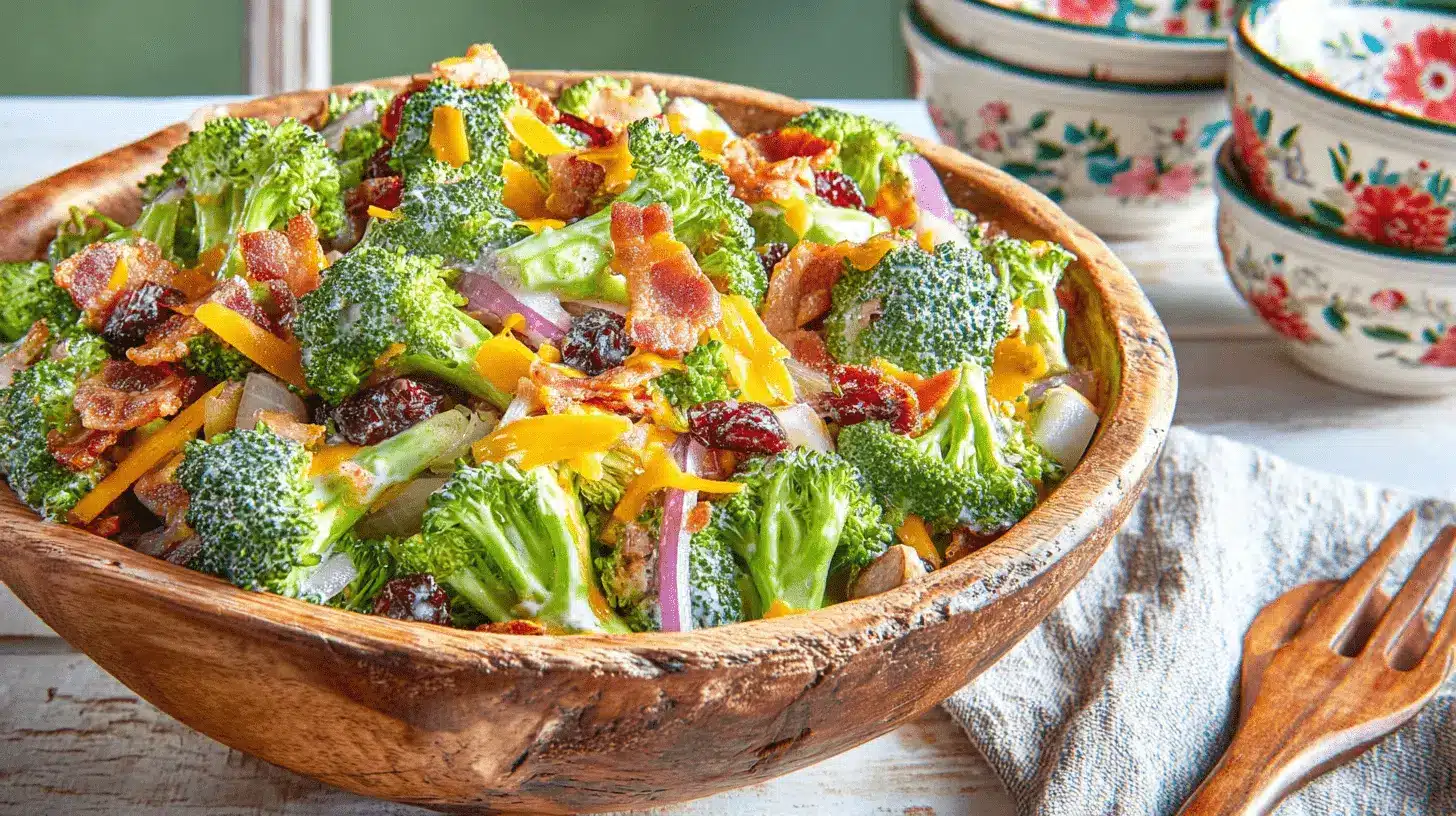A vibrant broccoli salad recipe in a rustic wooden bowl, featuring crisp broccoli, bacon, cheddar, red onion, and cranberries.