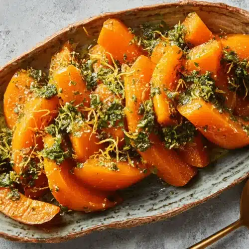 Beautifully roasted butternut squash dish with green herbs and citrus zest in a rustic platter, ideal for inspiring new butternut squash Thanksgiving recipes.