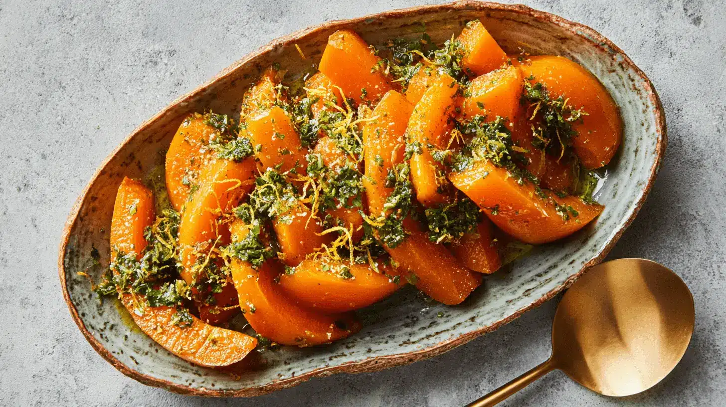Beautifully roasted butternut squash dish with green herbs and citrus zest in a rustic platter, ideal for inspiring new butternut squash Thanksgiving recipes.
