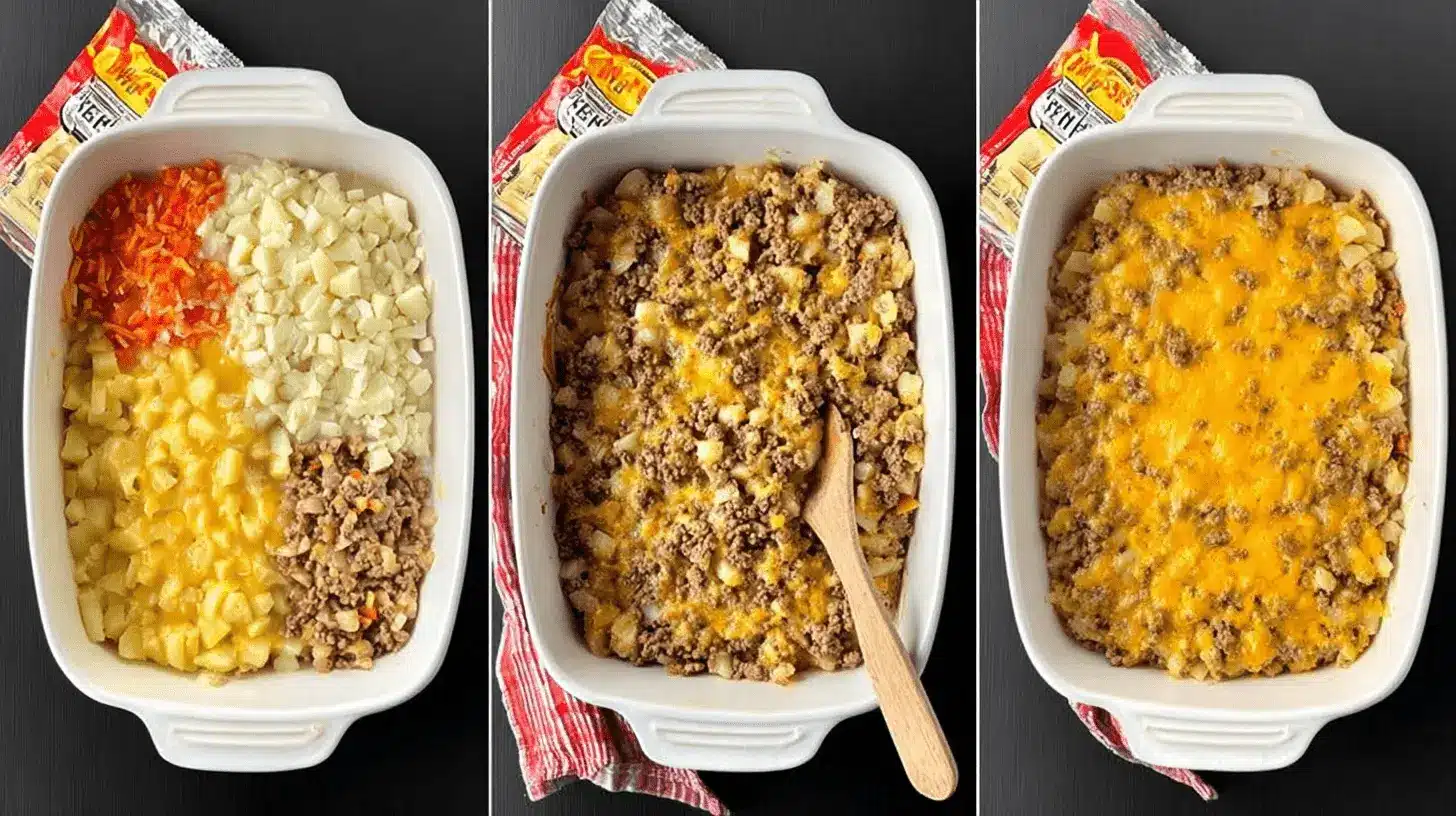 Triptych showing the preparation and final baked result of a Cheesy Ground Beef & Potato Casserole, topped with melted cheese.