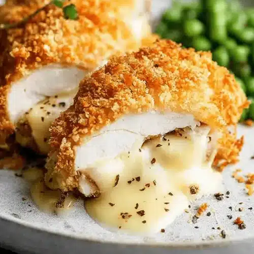 Close-up of golden-brown chicken cordon bleu with creamy filling oozing out, garnished with herbs and served with peas on a ceramic plate.
