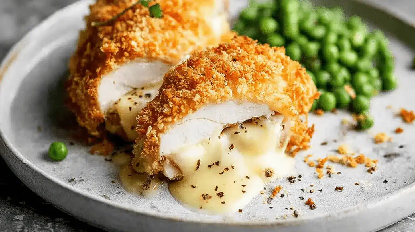 Close-up of golden-brown chicken cordon bleu with creamy filling oozing out, garnished with herbs and served with peas on a ceramic plate.