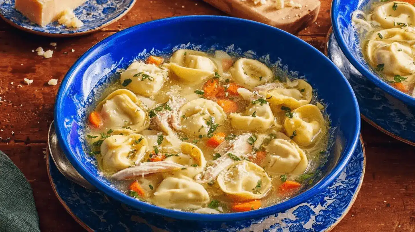 Two vibrant cobalt blue bowls of a hearty Chicken Tortellini Soup Recipe, garnished with fresh herbs and Parmesan, on a rustic wooden table.