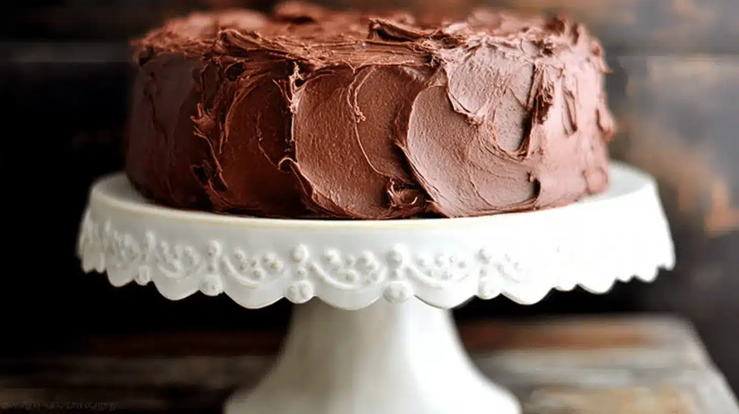 A decadent, richly frosted round chocolate cake on an elegant scalloped cake stand, perfect for a beloved chocolate cake recipe.