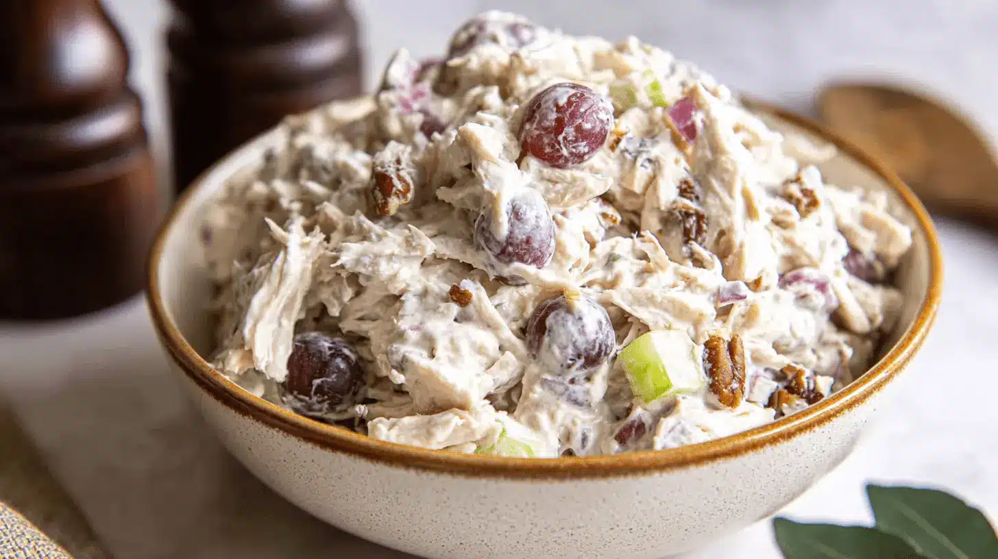 Close-up of a creamy chicken salad with red grapes, pecans, and celery, perfect for a quick 15-Minute Chicken Salad Sandwich Recipe.