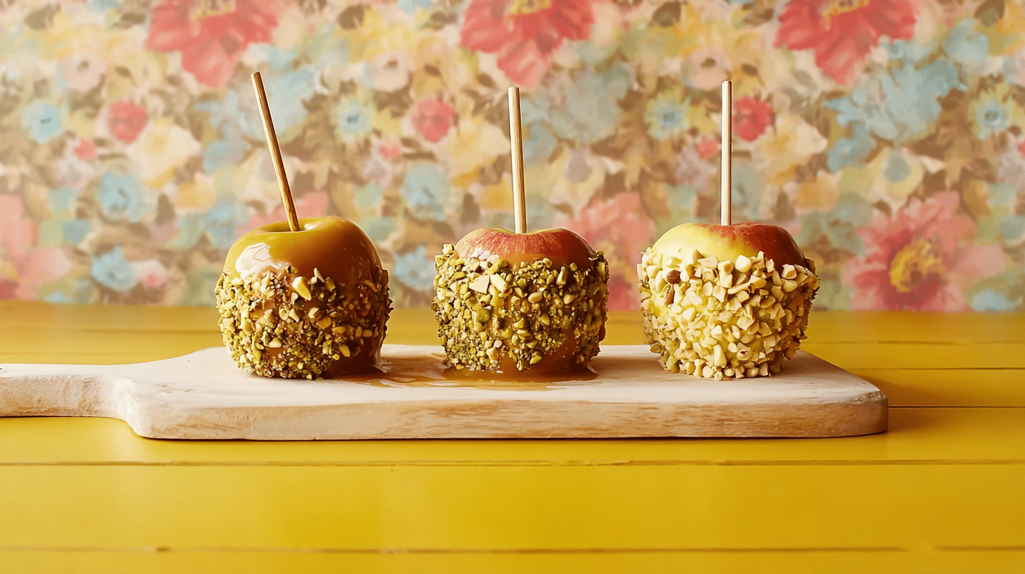Pommes caramélisées vegan sur bâtonnet, enrobées de caramel végétal et de fruits secs, posées sur une planche en bois devant un fond fleuri.