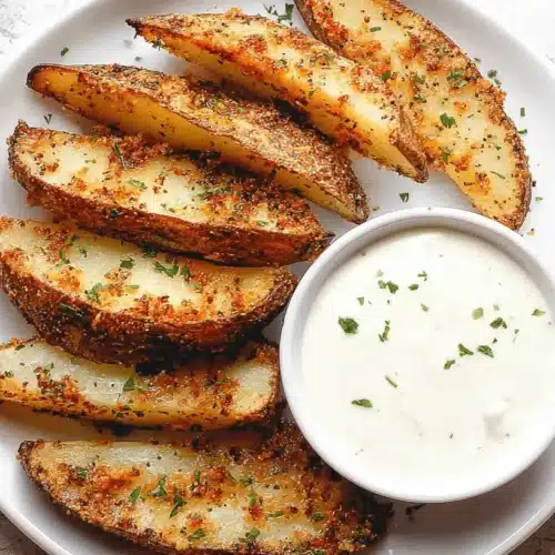 Delicious Best Crispy Garlic Parmesan Potato Wedges with a creamy dipping sauce on a white plate.
