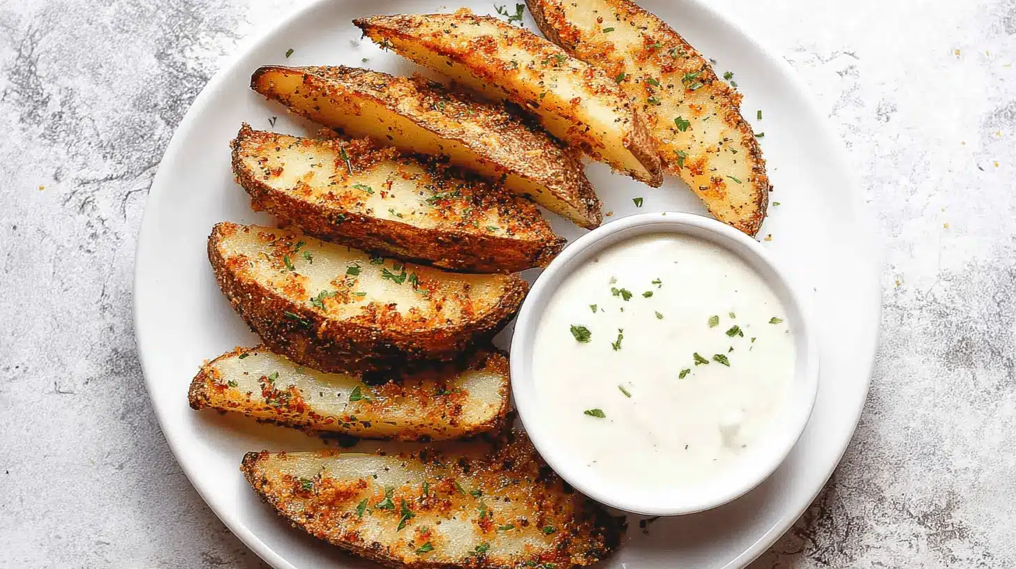 Delicious Best Crispy Garlic Parmesan Potato Wedges with a creamy dipping sauce on a white plate.