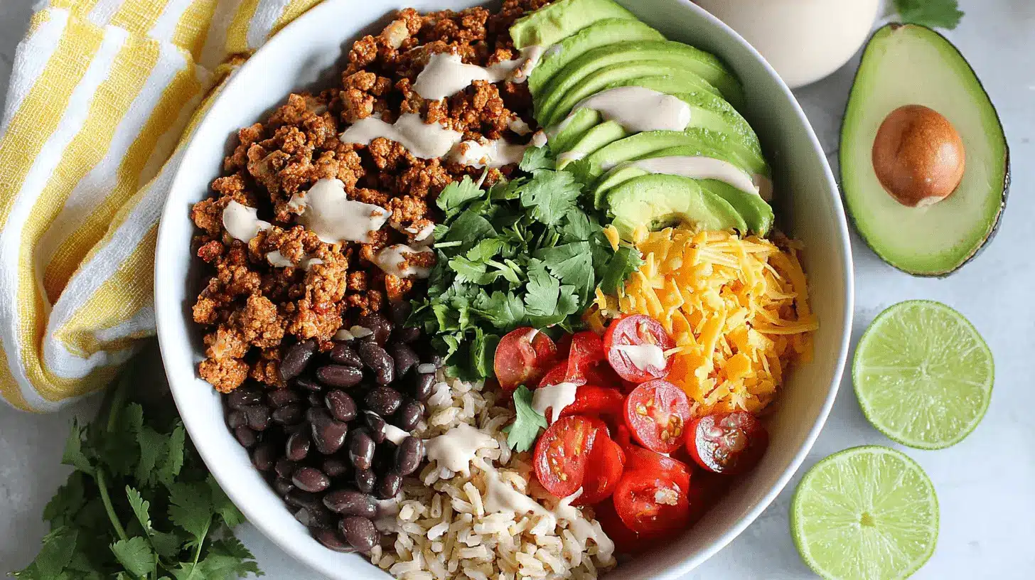 A colorful Easy Taco Rice Bowl – a quick and healthy dinner idea – filled with seasoned ground meat, avocado, cheese, tomatoes, black beans, and fresh cilantro, on a light background with lime and avocado.
