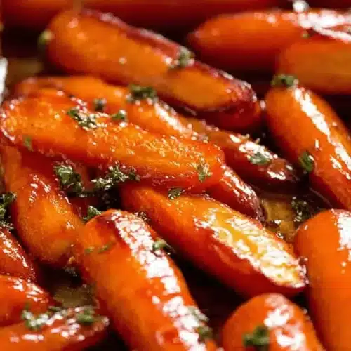 Close-up of vibrant, glossy Glazed Carrots, a perfect Christmas Recipe or Thanksgiving Recipe side dish, garnished with fresh herbs.