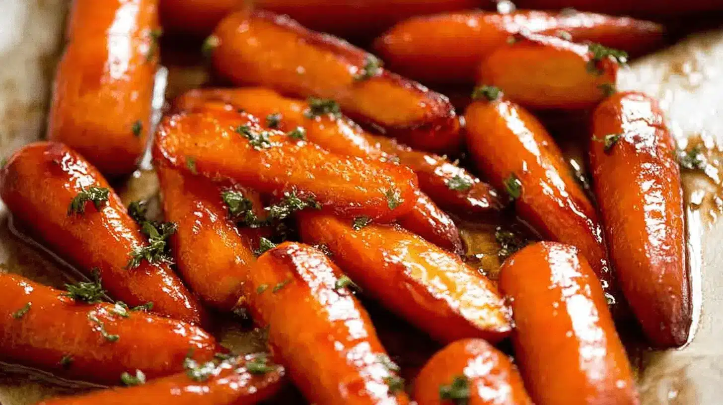 Close-up of vibrant, glossy Glazed Carrots, a perfect Christmas Recipe or Thanksgiving Recipe side dish, garnished with fresh herbs.