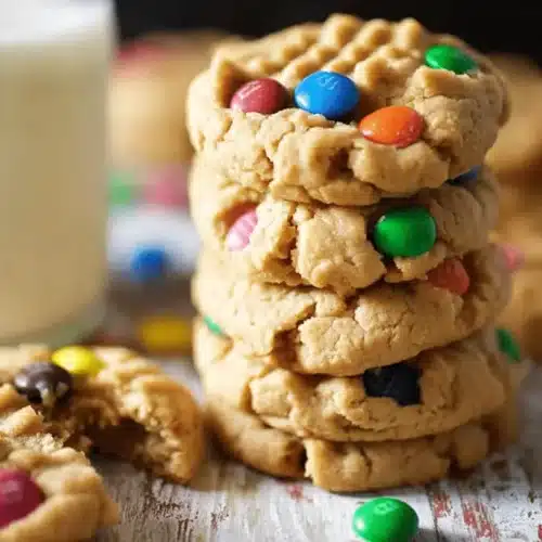 A stack of golden-brown, Irresistibly Chewy Chunky Peanut Butter Cookies with M&M's, a broken cookie, and a glass of milk on a rustic white wooden surface.