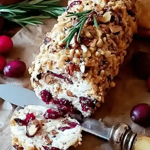 A festive Christmas cheese ball log, coated in nuts and cranberries, with a rosemary sprig, served with crackers.