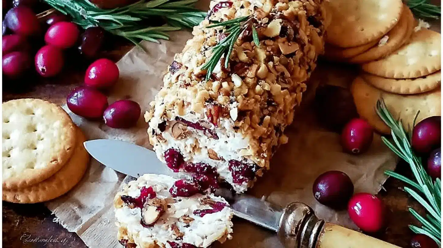 A festive Christmas cheese ball log, coated in nuts and cranberries, with a rosemary sprig, served with crackers.