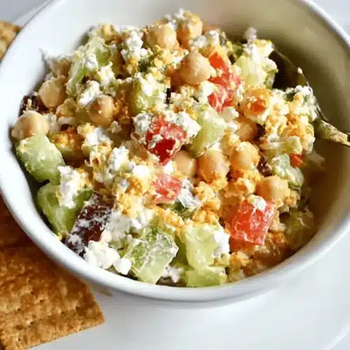 Close-up of a fresh Cottage Cheese and Chickpea Salad with diced cucumber and tomatoes, served in a white bowl with crackers.