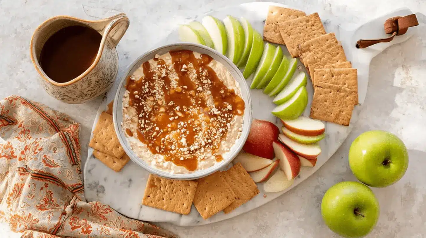 Overhead view of creamy Cream Cheese Caramel Apple Dip with caramel drizzle, nuts, sliced red and green apples, and graham crackers on a marble board.