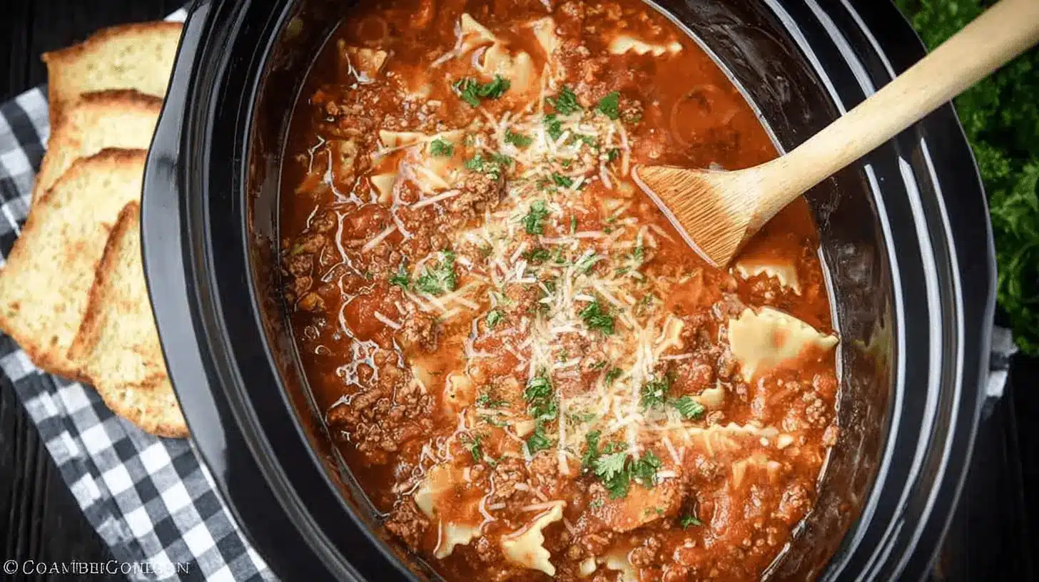 A close-up overhead view of a hearty Crockpot Lasagna Soup in a slow cooker, garnished with melted cheese and fresh parsley, served with toasted bread.