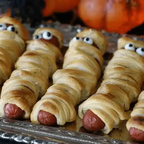 Five mummy hot dogs with googly eyes on a silver tray, a perfect and easy Halloween food for parties.