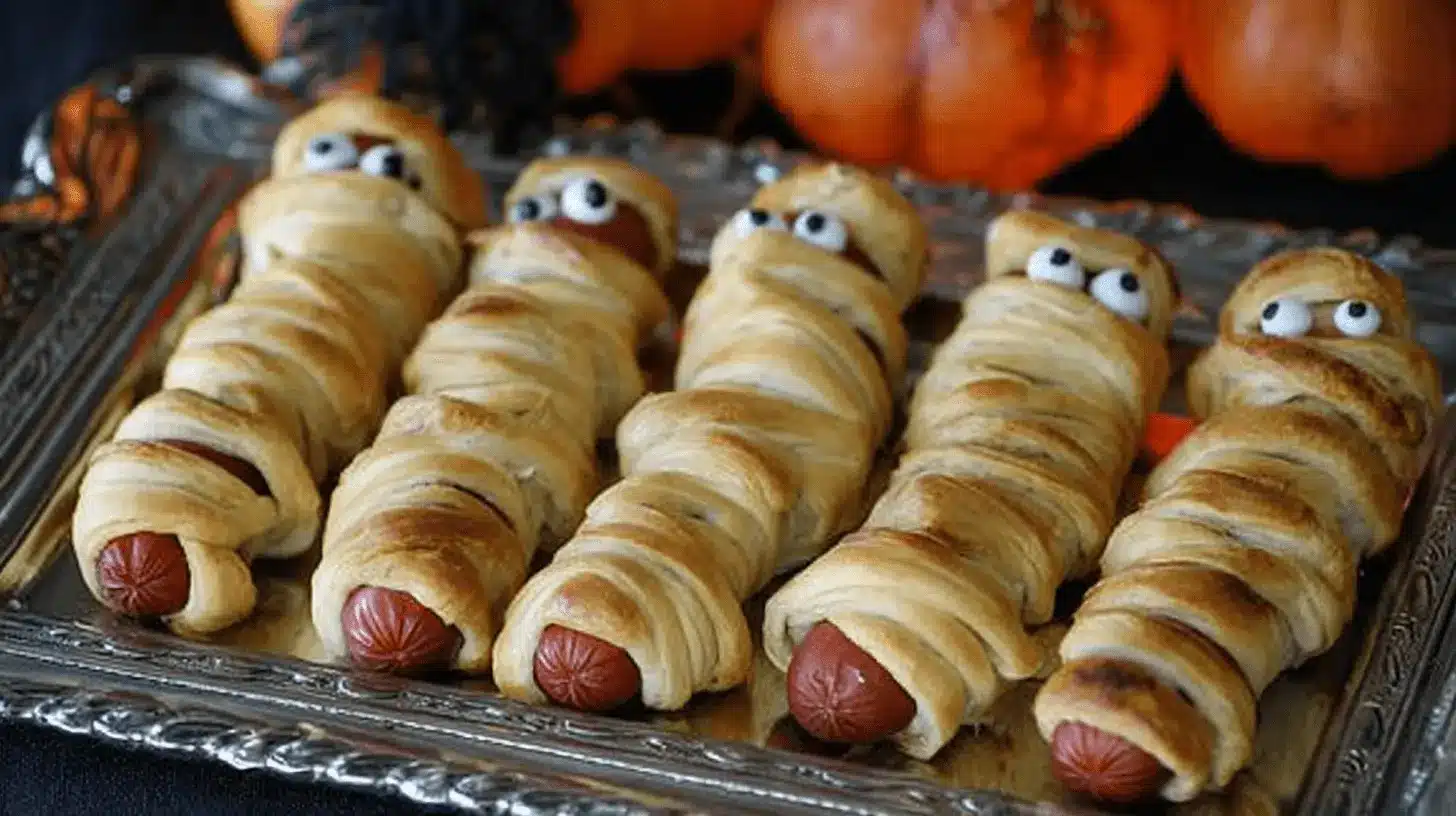 Five mummy hot dogs with googly eyes on a silver tray, a perfect and easy Halloween food for parties.
