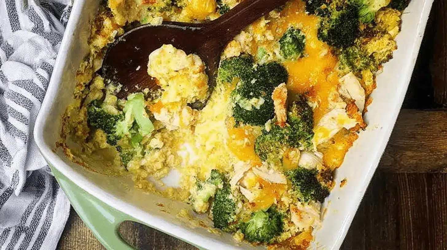 Close-up of a warm, golden-brown Easy Low Carb Chicken Casserole with broccoli and melted cheese, served on a rustic wooden table.