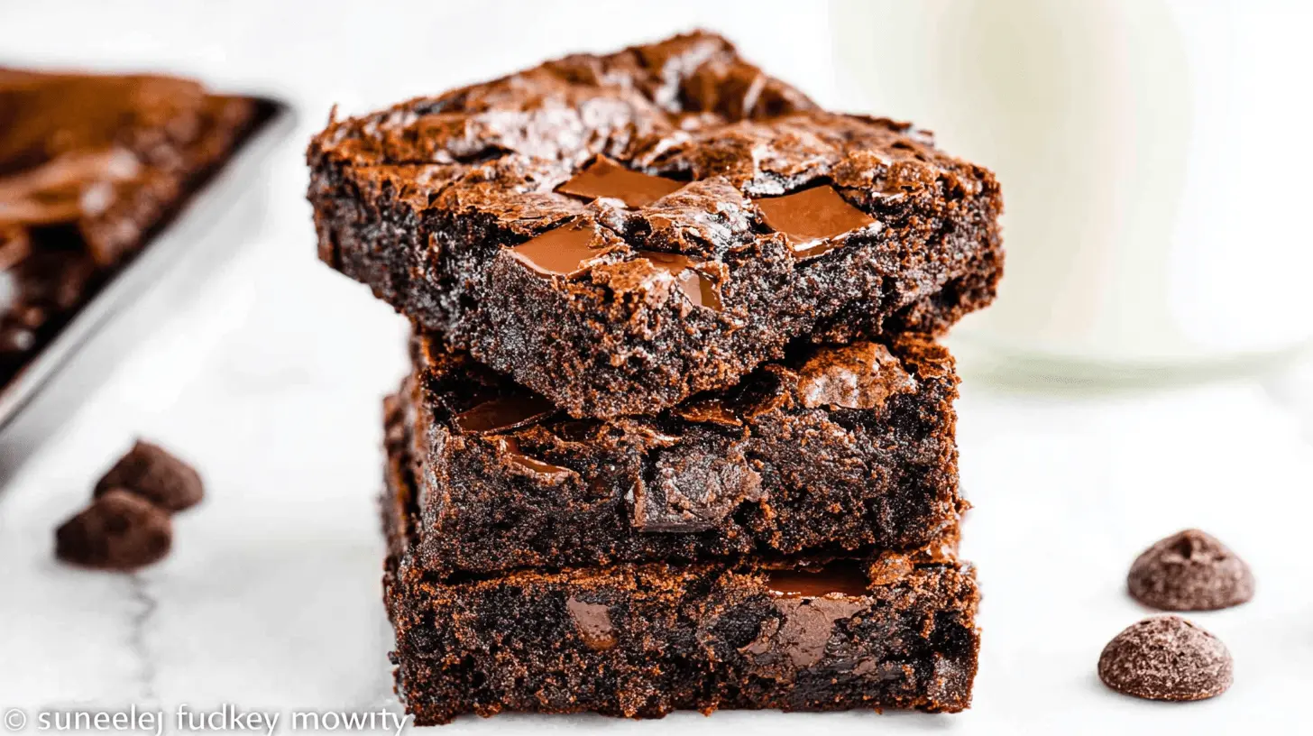 A stack of three rich, fudgy brownies with chocolate chunks and a crinkly top, showcasing the delicious results of an Eggless Brownies Recipe.