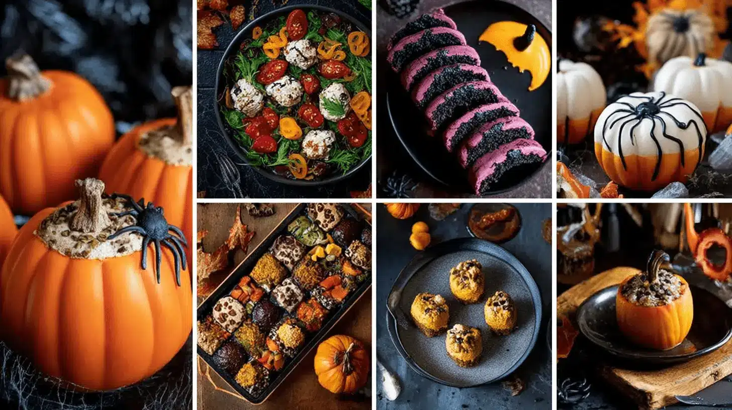 A vibrant 2x4 grid showcasing a variety of fun Halloween food and festive autumnal decorations, including salads, desserts, and stuffed pumpkins.
