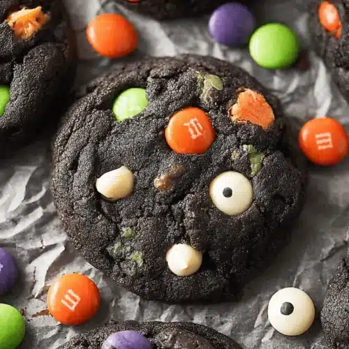 Close-up of festive chocolate Halloween cookies with colorful M&M's and spooky eyeball candies on crumpled parchment paper.