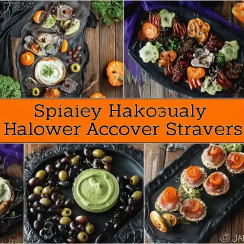 A vibrant collage of creative halloween food appetizers, including ghost-shaped rice, decorated tarts, and colorful vegetable platters, all presented artfully.