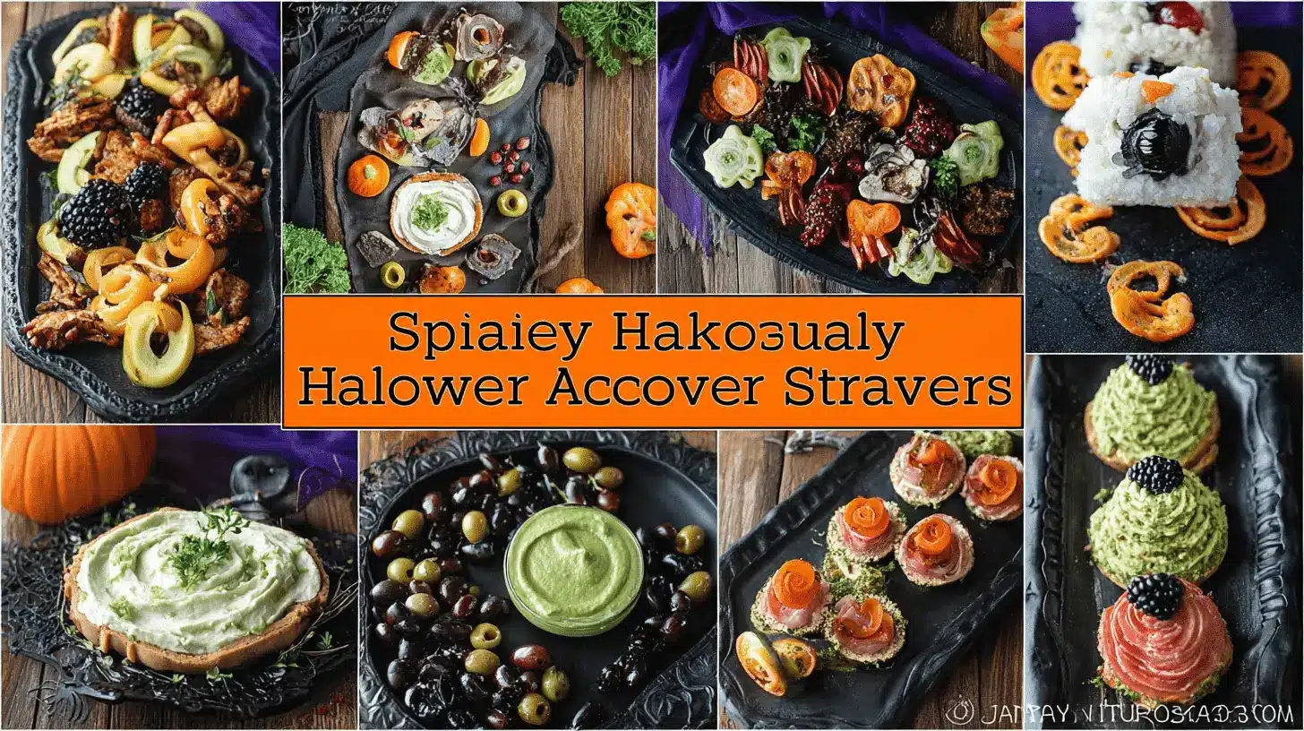 A vibrant collage of creative halloween food appetizers, including ghost-shaped rice, decorated tarts, and colorful vegetable platters, all presented artfully.