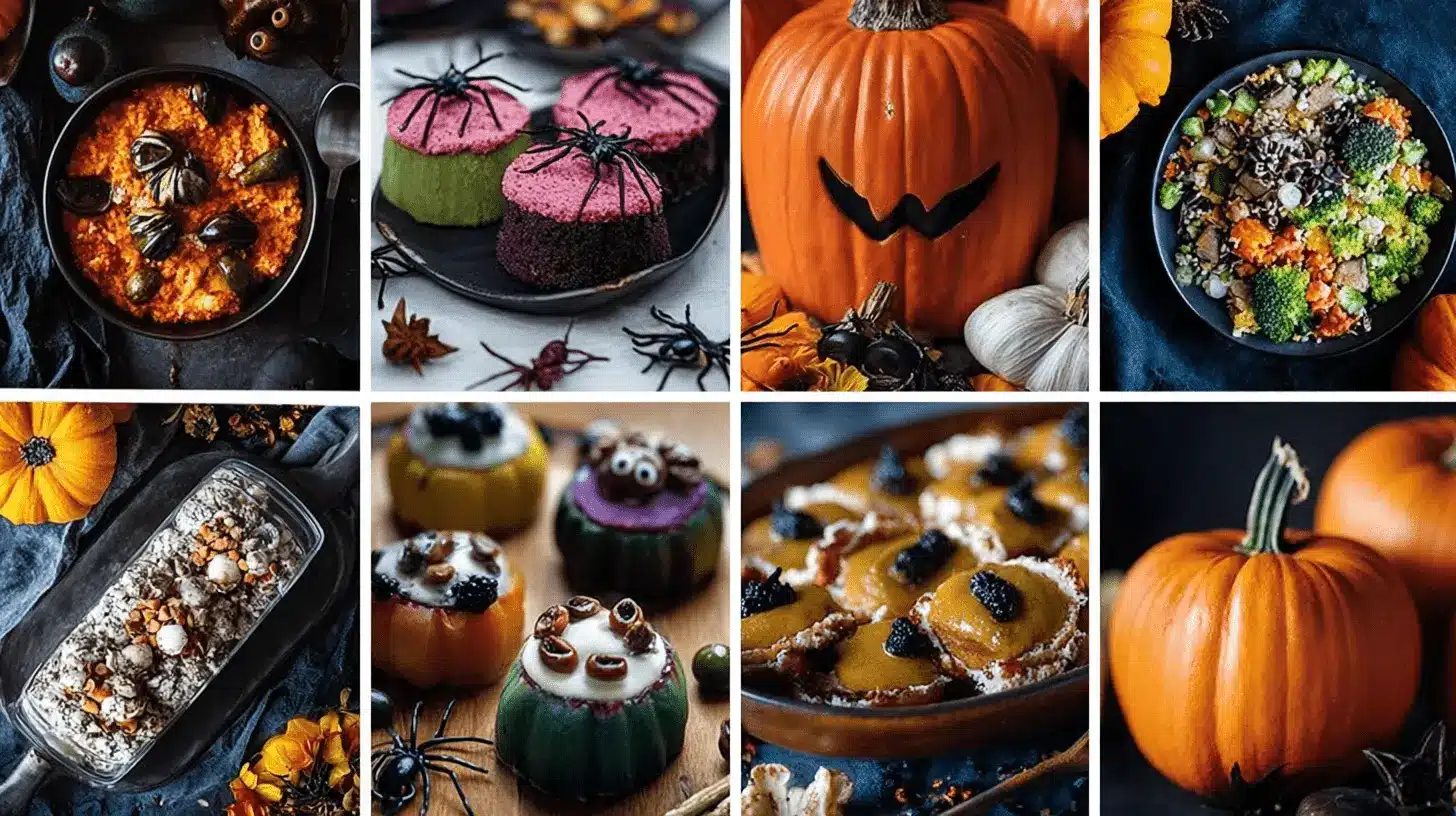 A rustic collage of eight distinct Halloween food ideas, featuring spooky desserts, savory autumn dishes, and festive pumpkin decor.