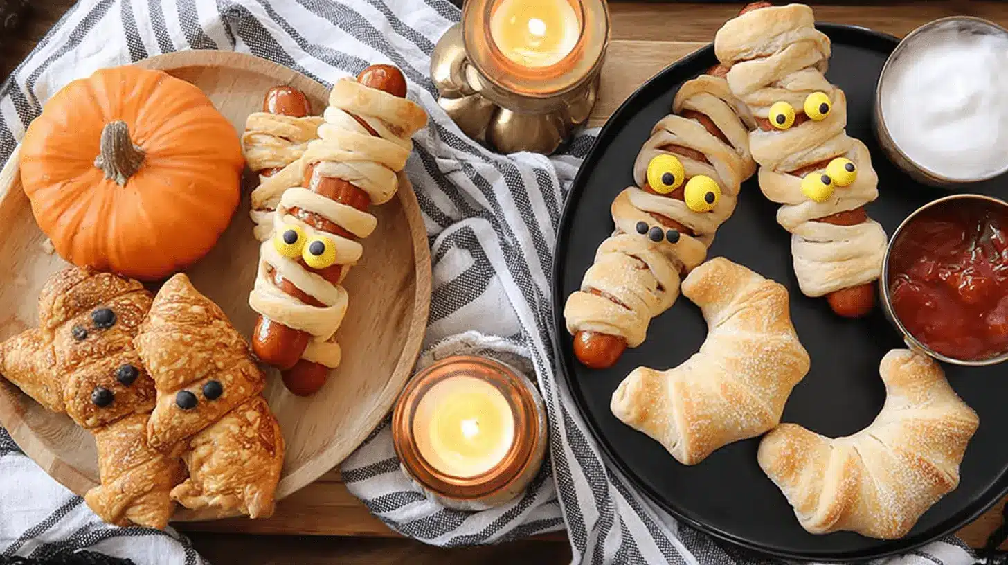 A festive Halloween party food spread on a wooden table, featuring mummy hot dogs, ghost and bat-shaped pastries, and dipping sauces, illuminated by candlelight.