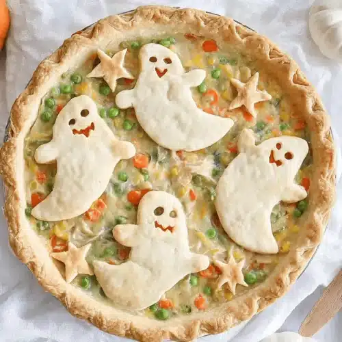 A top-down view of a festive Haunted Chicken Pot Pie, decorated with pastry ghosts and stars, surrounded by autumnal pumpkins and serving spoons on a marble surface.