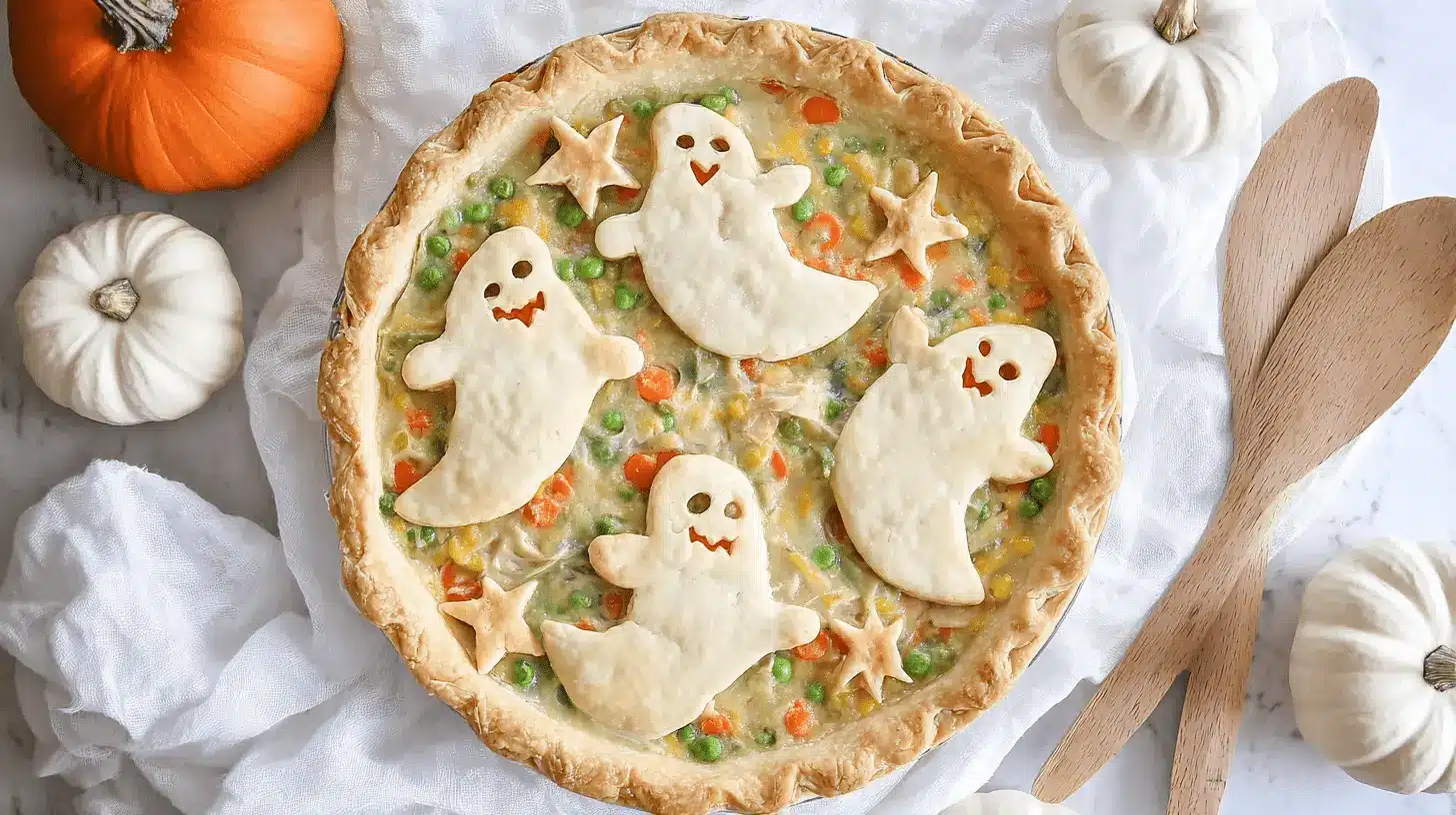 A top-down view of a festive Haunted Chicken Pot Pie, decorated with pastry ghosts and stars, surrounded by autumnal pumpkins and serving spoons on a marble surface.